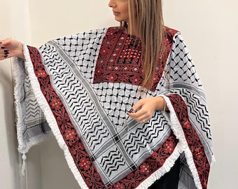 Kufiyyah Poncho with Tatreez Embroidery – Free Size Wearable Keffiyeh Shawl – Black White All Black – Made by Palestinian Artisans in Jordan
