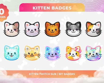 May include: Ten colorful kitten badges for Twitch or Bit badges. The badges feature different colored kittens with various expressions.