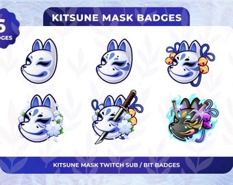 Blaue Sakura Kitsune Maske Sub Badges für Twitch/YouTube/Kick/Discord | Gebissabzeichen | Twitch Sub Abzeichen | Abonnenten-Abzeichen | Fuchs Maske