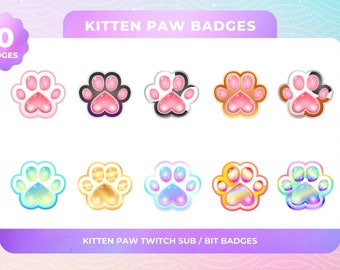 May include: Ten colorful kitten paw badges with a pink heart in the center. The badges are designed for Twitch and Bit subscriptions.