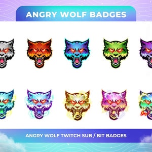 Puede incluir: Diez insignias animadas de Twitch o Bit con cabeza de lobo en varios colores, incluyendo verde, morado, azul, rojo y amarillo. El texto "Angry Wolf Twitch Sub / Bit Badges" está en la parte inferior de la imagen.