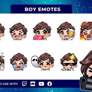 Set van 10 jongensemotes - schattige chibi-emotes - anime-emotes - bruin haar - twitch-emotes - onenigheid-emotes - mannen-emotes - mannenemotes