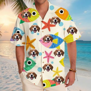 Personalized Photo Hawaiian Shirt Custom Dog Cat Face Holiday Tropical Pattern Shirt for Men Women Birthday Bachelor Party Gift Summer Gift