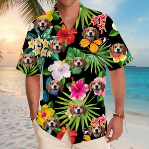 Personalized Photo Hawaiian Shirt Custom Dog Cat Face Holiday Tropical Pattern Shirt for Men Women Birthday Bachelor Party Gift Summer Gift