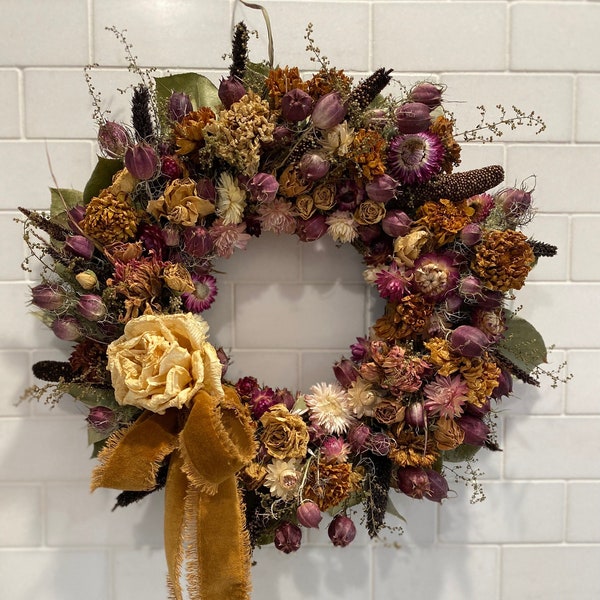 12, 13, 14 inch dried flower wreaths gold and purple palette mixed flowers #179 includes a 3/4 option