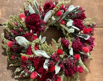 13 inch dried flower wreath red gomphrena and celosia and green #144