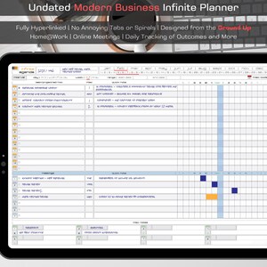 May include: A digital planner on a tablet screen with a blue and white grid. The planner is labeled "Undated Modern Business Infinite Planner" and includes the text "Fully Hyperlinked | No Annoying Tabs or Spirals | Designed from the Ground Up". The planner has a calendar view with months labeled from January to December. The planner also has a section for "meetings" and "quick notes".