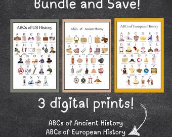 Set di 3 stampe - ABC della storia antica, europea e statunitense - Decorazioni per la classe, decorazioni per la cameretta dei bambini