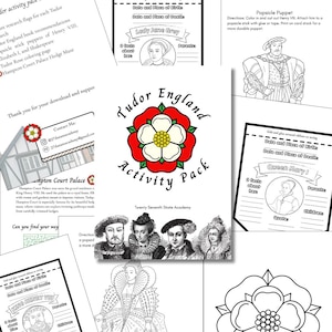 Puede incluir: Un paquete de actividades sobre la Inglaterra de los Tudor con una portada central que muestra una rosa Tudor roja y blanca, el texto Tudor England Activity Pack y retratos históricos en blanco y negro, rodeado de varias hojas de trabajo.