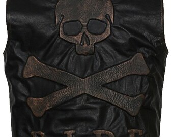 Mens Vintage Skull and Crossbones Motorcycle Biker Rider Distressed Black Leather Vest