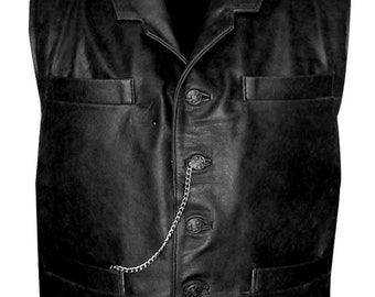 Mens Classic Cowboy Style Black Casual Biker Lambskin Leather Vest
