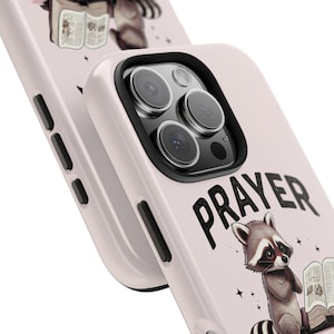 Funda para teléfono con diseño de mapache y oración, fundas resistentes, regalos para amantes de los animales, accesorios únicos para el teléfono, artículos esenciales para el día a día.