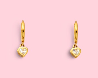 Pendientes de corazón Huggies colgantes de oro real de 14k / Regalo de cumpleaños / Regalo de cumpleaños / Joyas de oro auténtico / Regalo de aniversario /