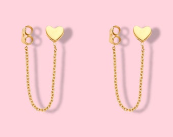 Pendientes de corazón de cadena colgante de oro real de 14k / Regalo de cumpleaños / Regalo de cumpleaños / Joyas de oro auténtico / Regalo de aniversario /