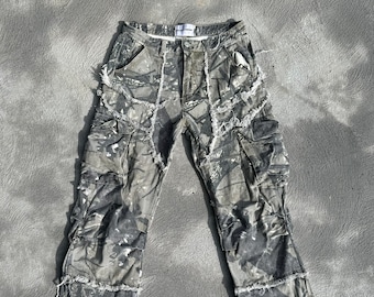 Pantalon cargo camouflage arbre en détresse salopette faite main en jean homme femme rue large