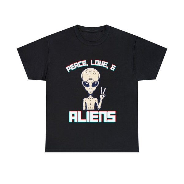 Peace Love and Aliens Tee Tshirt T-Shirt T Shirt Funny Science Ladies Mens Gift Outer Space Geek Nerd Ufo Geekery Hipster Alien Head Face