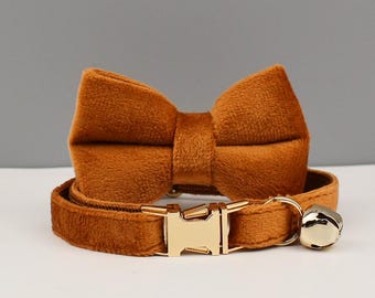 Velvet Caramel Cat Collar Bow Tie Leash Set: Personalized Kitten Puppy Gift