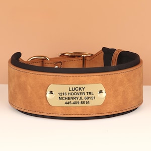 Customized Engraved Dog Collar, Wide Faux Leather Dog Collar, Large Soft Padded Dog Collar for Medium Large Dogs, Pink, Brown,Red and Black
