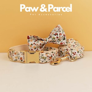 Personalized Dog Collar Set with Leash, Bow Tie & Harness | Engraved Collar with Metal Buckle | Custom Pet Gift | Cream Floral Puppy Collar