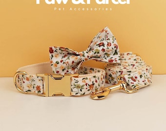 Personalized Floral Dog Collar Set: Engraved Metal Buckle, Bow Tie & Leash