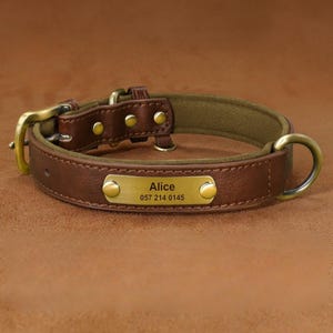 Personalized PU Leather Dog Collar Set with Leash | Engraved Collar with Name & Number Tag | Custom Pet Gift | Brown Leather Puppy Collar