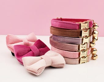 Personalized Pink Velvet Cat Collar Leash Set: Engraved Name Tag, Bowtie & Gold Bell