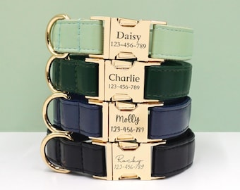 May include: Four personalized dog collars stacked. The collars are in shades of green, navy, and black. Each collar has a gold-colored buckle engraved with a name and phone number. The collars are made of leather.