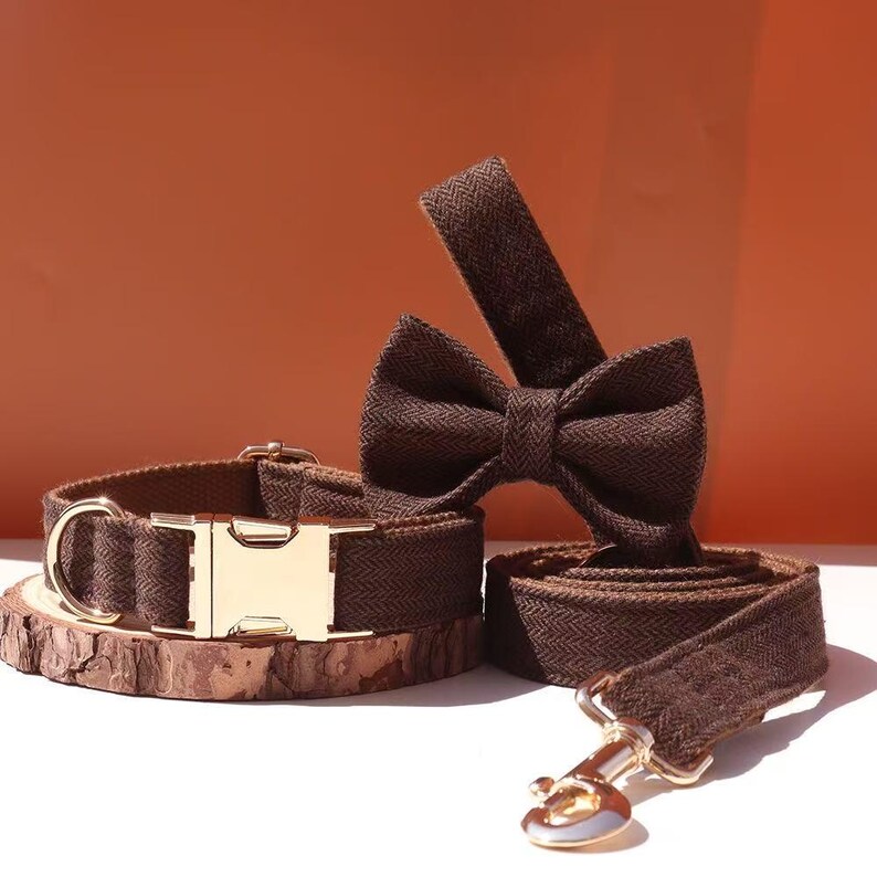 Suit Style Tweed Dog Collar With Bow Tie and Leash