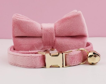 Velvet Pink Cat Collar Bow Tie Leash Set: Personalized Kitten Puppy Collar with Bell