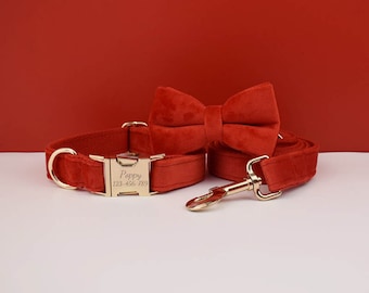 Personalized Velvet Dog Collar Set: Engraved Buckle, Bow Tie & Leash