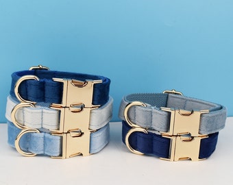 Custom Blue Velvet Dog Collar Leash Set: Engraved Pet Name, Metal Buckle
