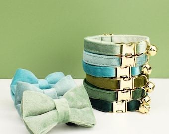 Grünes Samt-Katzenhalsband mit Fliege: Personalisierbares Namensschild für den Welpen