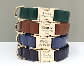 May include: A stack of four personalized dog collars in green, brown, blue, and black. Each collar has a gold-colored buckle with a name and phone number engraved on it. The collars are made of leather.