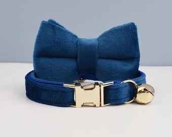 Samt Blaues Katzenhalsband Set mit Fliege und Leine: Personalisiertes Kätzchen Welpe Halsband mit Glocke