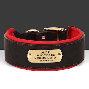 Customized Engraved Dog Collar, Wide Faux Leather Dog Collar, Large Soft Padded Dog Collar for Medium Large Dogs, Pink, Brown,Red and Black