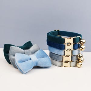 Personalized Velvet Cat Collar Leash Set with Bowtie, Custom Kitten Puppy Name Tag, Blue+Grey, Free Gold Bell, Small Dog Engraved Pet Gift