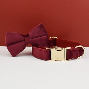 Personalized Dog Collar Set with Leash, Bow Tie & Harness | Engraved Collar with Metal Buckle | Custom Pet Gift | Burgundy Velvet Collar