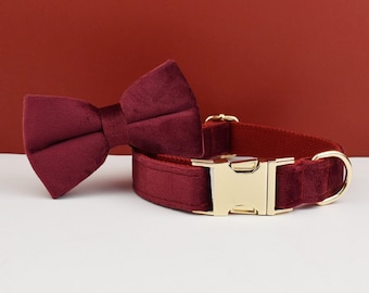 Personalized Velvet Dog Collar Set: Engraved Buckle, Bow Tie & Leash
