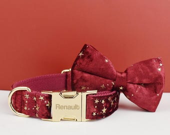 Set di collari natalizi per cani: velluto a forma di stella rossa, fibbia incisa, fiocco e guinzaglio