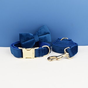 Personalized Dog Collar Set with Leash, Bow Tie & Harness | Engraved Collar with Metal Buckle | Custom Pet Gift | Blue Velvet Puppy Collar