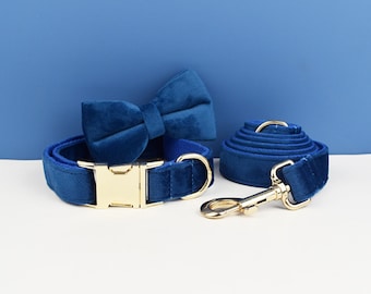 Personalized Velvet Dog Collar Set: Engraved Buckle, Bow Tie & Leash