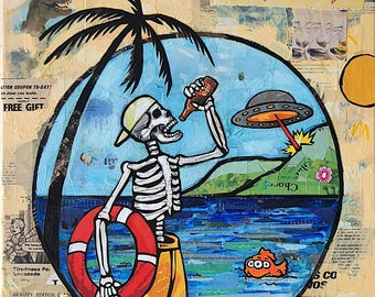 Espacio profundo - Alienígena, esqueleto, pintura original en técnica mixta. Diversión caricaturesca. Envío gratuito en Australia.