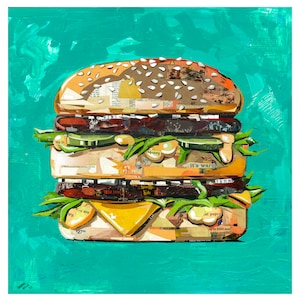 May include: A colorful mixed-media artwork of a large hamburger against a teal background. The burger features a sesame seed bun, layers of ingredients, and a slice of yellow cheese. The artwork incorporates text and paper collage elements.