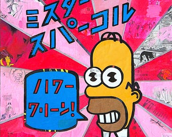 Sr. Sparkle - Pintura original tipo collage de técnica mixta inspirada en Los Simpson. Lista para colgar. Envío gratuito en Australia.