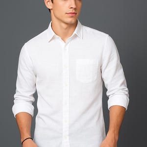 Organic Cotton Linen White Shirt – Handloom Fabric, Handmade Men&#39;s Summer Shirt, Breathable Eco-Friendly Casual Wear by Vooz India