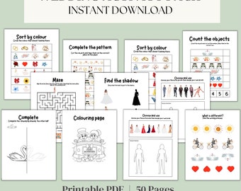 Könnte beinhalten: Ein druckbares PDF-Aktivitätspaket für Kinder mit Hochzeitsthema, das Aktivitäten wie Sortieren nach Farbe, Muster vervollständigen, Objekte zählen, Schatten finden und ein Labyrinth umfasst. Das Paket enthält 50 Seiten mit Aktivitäten.