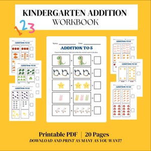 May include: A printable kindergarten addition workbook with 20 pages featuring colorful illustrations of animals and objects. The workbook includes addition problems for numbers up to 20. The cover features the numbers 1, 2, and 3 in a colorful font.