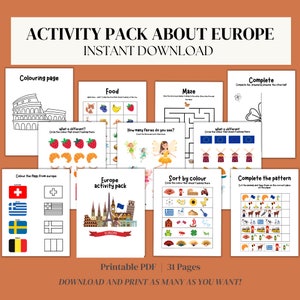 Op de afbeelding: Een verzameling afdrukbare activiteitpagina's voor kinderen, met Europese thema's. Bevat kleurplaten, doolhoven en patroonvoltooiingsoefeningen. De titel "ACTIVITY PACK ABOUT EUROPE" staat bovenaan.