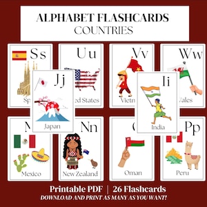 May include: A set of 26 alphabet flashcards featuring countries from around the world. Each card has a letter of the alphabet, a country flag, a small illustration of a landmark or symbol from the country, and the country name. The cards are designed for children learning about different countries and their cultures.