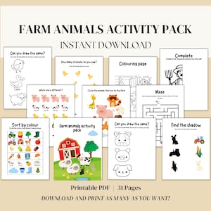 Op de afbeelding: Een printbaar activiteitenpakket voor kinderen met boerderijdieren. Het pakket bevat 31 pagina's met activiteiten zoals kleuren, doolhoven, matchen en meer. Het pakket is direct te downloaden en kan zo vaak worden afgedrukt als nodig.